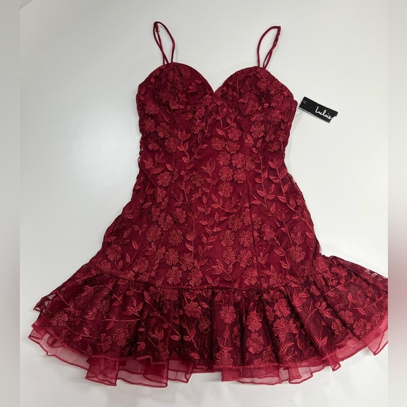 Lulu’s Lavish Lifestyle Burgundy Embroidered Ruffled Mini Dress New With Tags XS - Picture 2 of 15